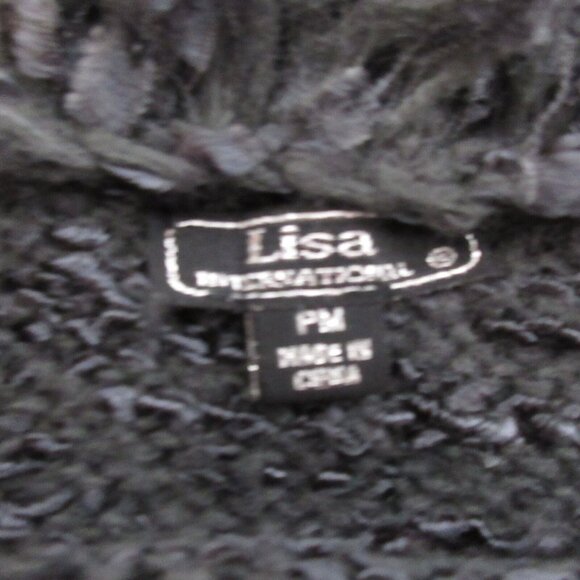 Lisa Intl Cardigan Sweater PM Black Chenille Tie & Toggle Fringe Collar/Sleeves - Picture 3 of 9